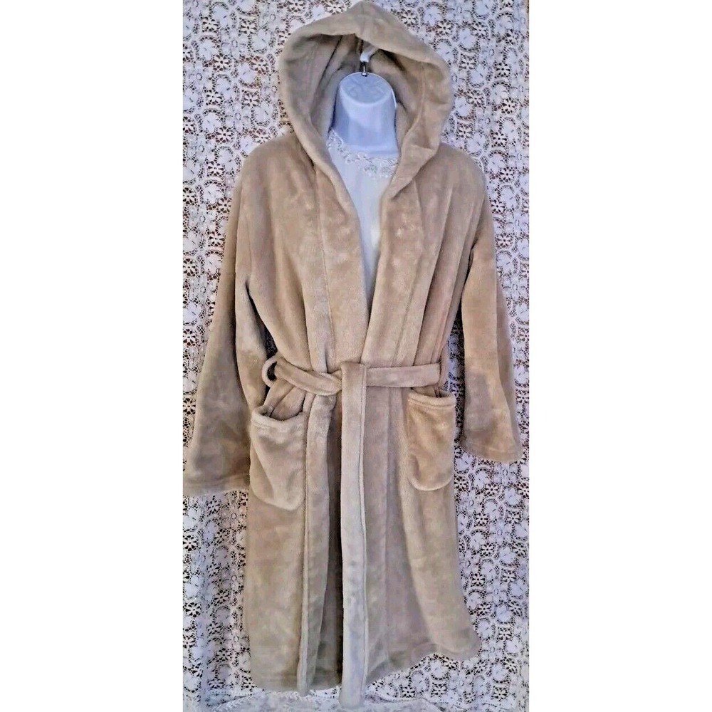 Summer & Rose Bath Robe XS/S/M Beige Plush Hooded Pockets Tie Cozy Warm 35" Long
